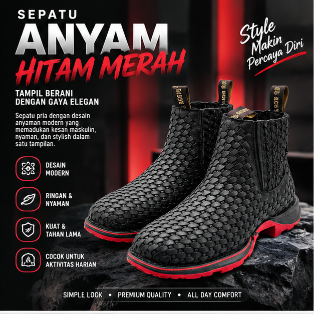 Sepatu Anyam Hitam Merah
