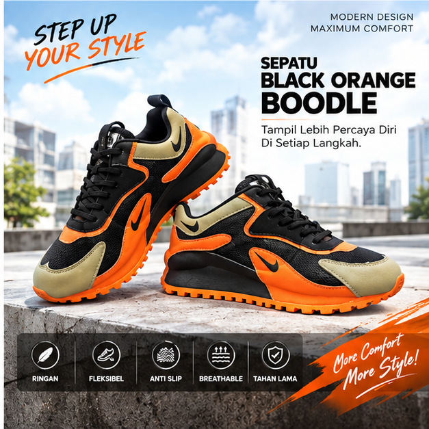 Sepatu Black Orange Boodle